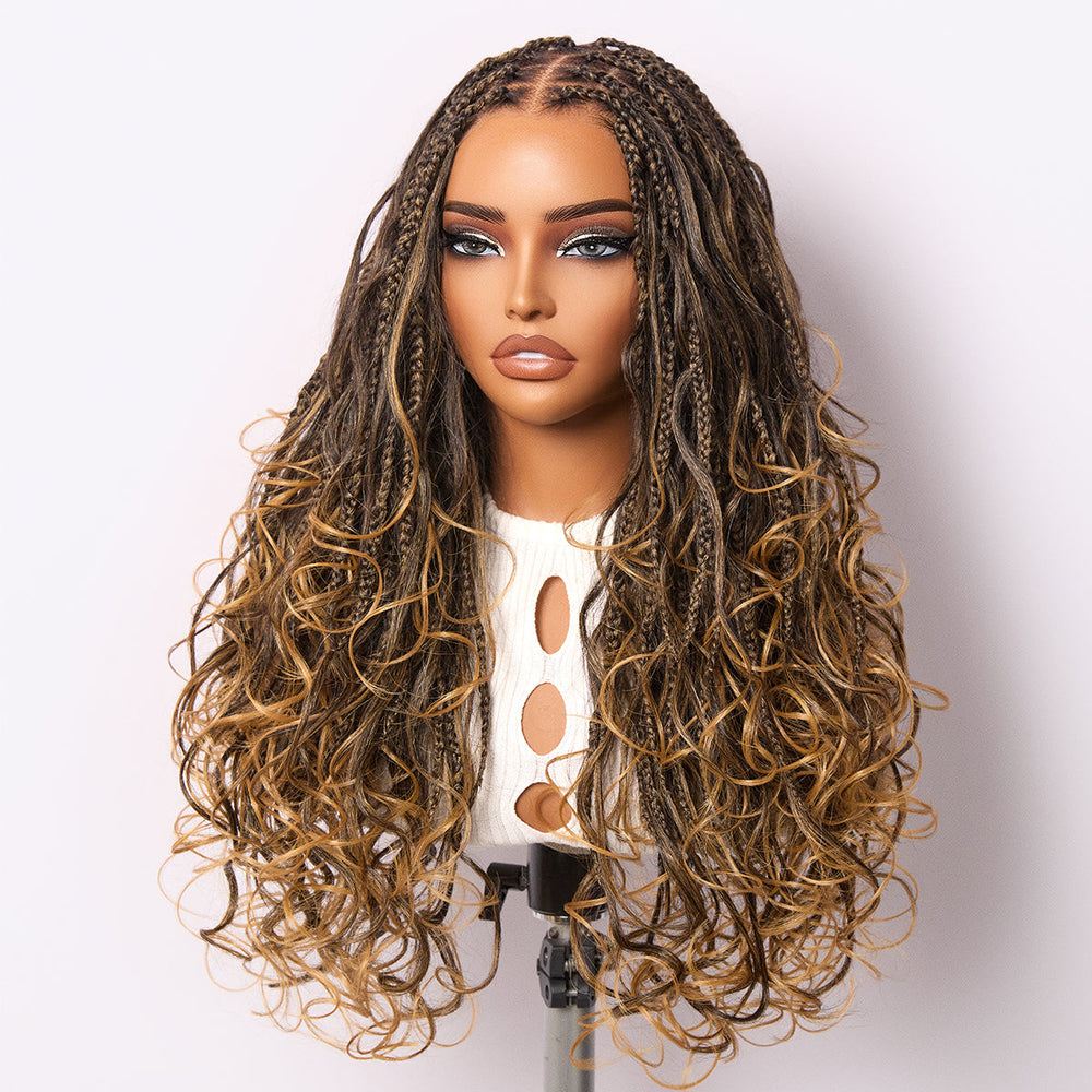 Ombre Honey Blonde French Curl Knotless Boho Braids HD Full Lace Long Wig Flexi Fit Invisi Drawstring Cap